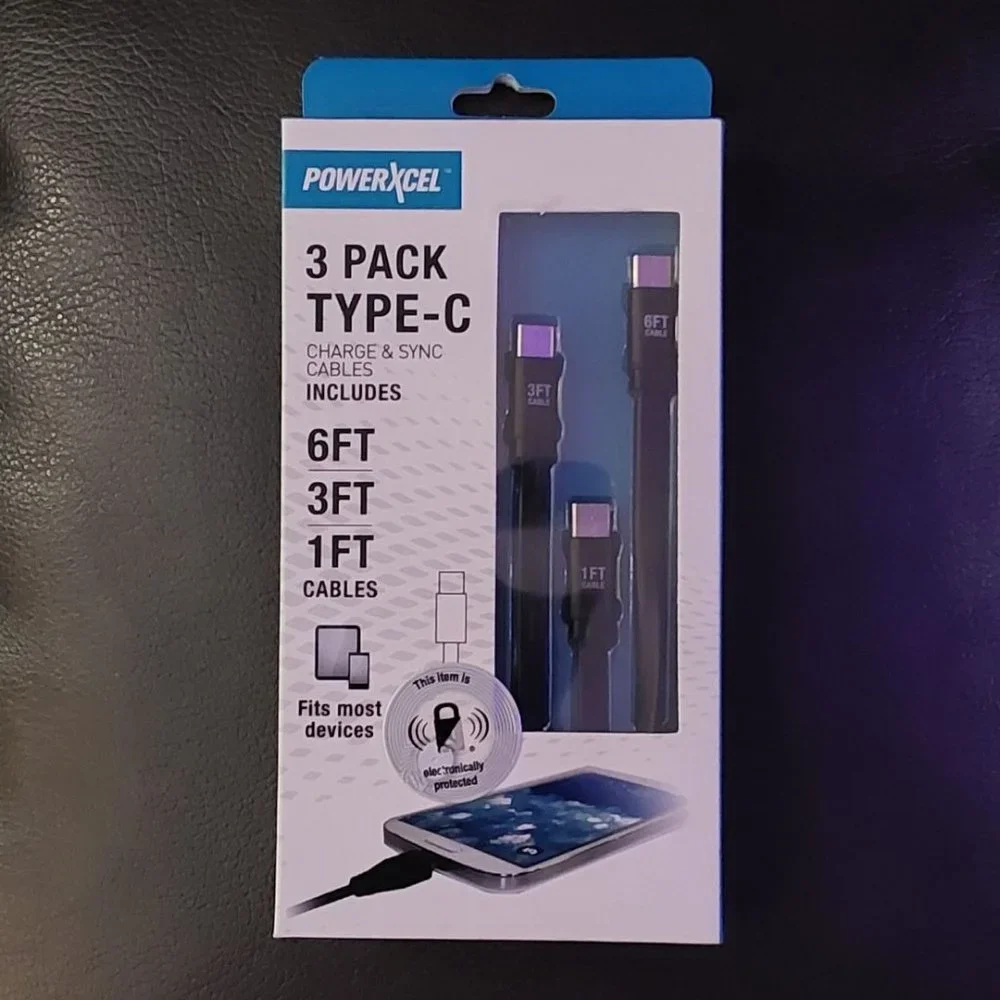 PowerXcel 3 Pack Type C Cables (6 ft, 3 ft , 1 ft)